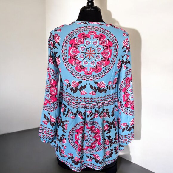 Blue Bohemian Print Tassel Tie V Neck Blouse - Picture 2 of 8